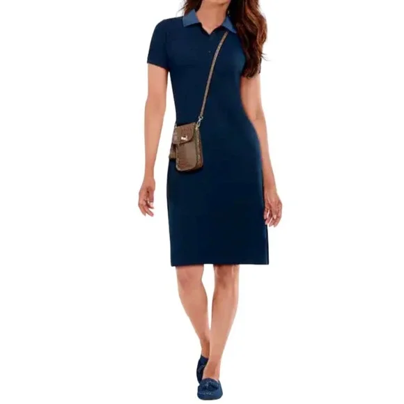 Monroe & Main Dresses | Monroe & Main Polo Dress Contrast Collar Navy Casual Short Sleeve Knee Length | Color: Blue | Size: L | Outlet_Fashion's